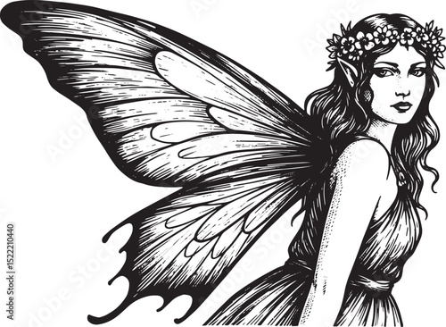 Elegant Fairy with Flower Crown, A Detailed Black and White Wood