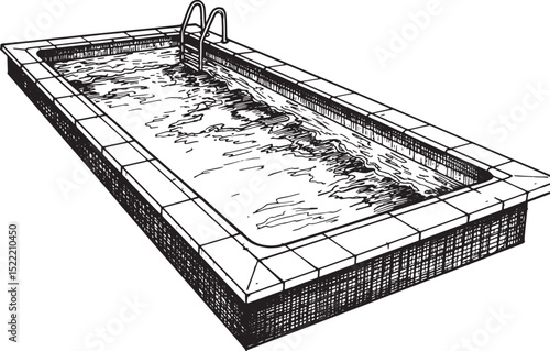 Classic Swimming Pool Woodcut Illustration, Black and White Aest