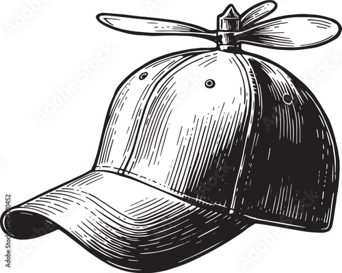 Whimsical Woodcut, A Nostalgic Propeller Hat Illustration in Bla