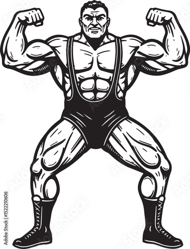 Vintage Circus Strongman Woodcut Illustration with Muscular Phys