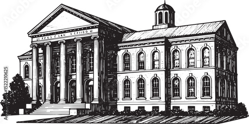 Architectural Woodcut Depicting a Classic Law School Building wi