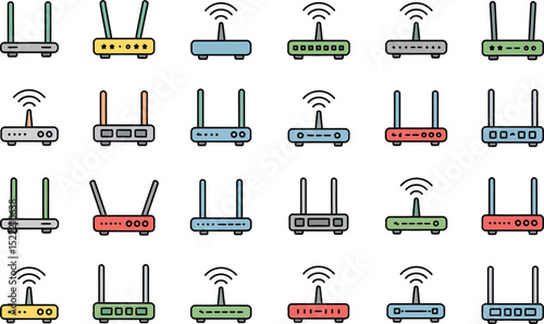 Collection of colorful router icons wireless internet technology illustration