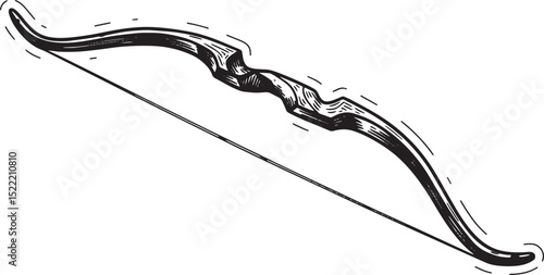 Detailed woodcut illustration of a recurve bow in black and whit