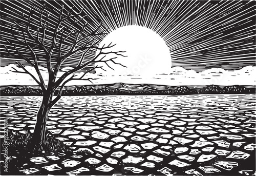 Monochrome depiction of drought conditions with cracked earth an