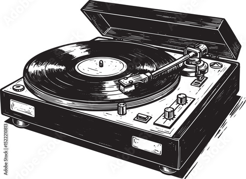 Vintage Record Player Illustration, A Nostalgic Woodcut Style Pr