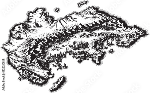 Detailed Black and White Woodcut Illustration of a Fantasy Islan