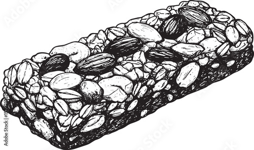 Detailed Woodcut Illustration of a Nut Granola Bar Snack in Blac
