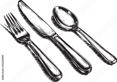Elegant Woodcut Illustration of a Cutlery Set in Black and White