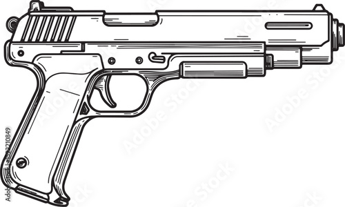 Detailed Black and White Woodcut Illustration of a Laser Pistol