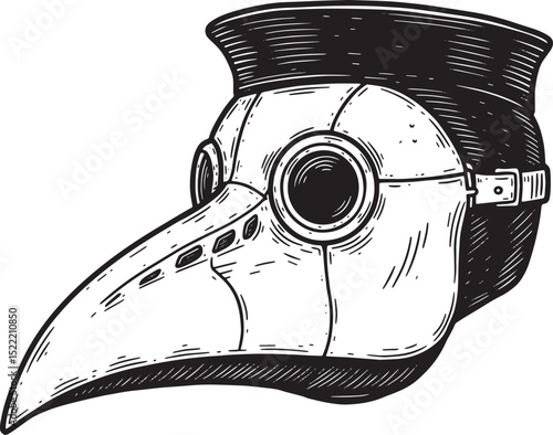 Vintage plague doctor mask woodcut illustration in black and whi