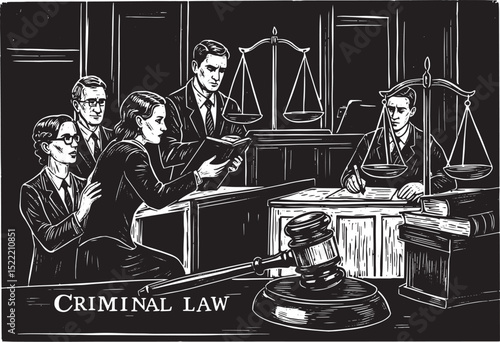 Vintage Woodcut Illustration Depicting Criminal Law Proceedings