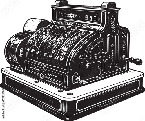 Vintage Cash Register Illustration, A Detailed Black and White W