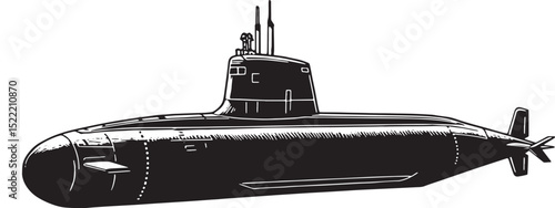 Monochrome woodcut illustration of a Yasen-class submarine on wh