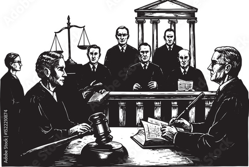 Black and White Woodcut Illustration Depicting a Legal Courtroom