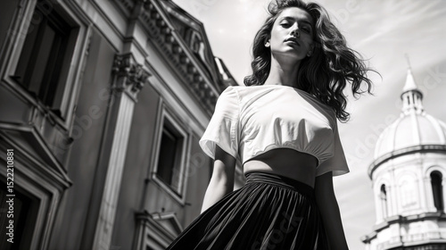Stylish young woman in modern outfit posing near historic European architecture. Fashion editorial portrait in black and white with dramatic lighting and elegant expression.