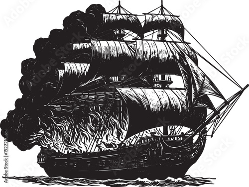 Dramatic woodcut of a fire ship engulfed in flames on the open s