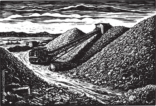 Monochrome depiction of a landfill with heavy machinery and conv