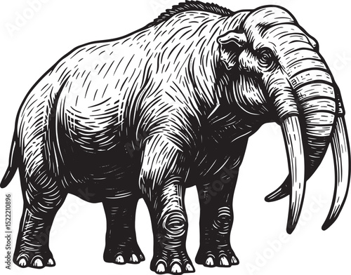 Monochrome Woodcut Depiction of Woolly Mammoth with Detailed Tex
