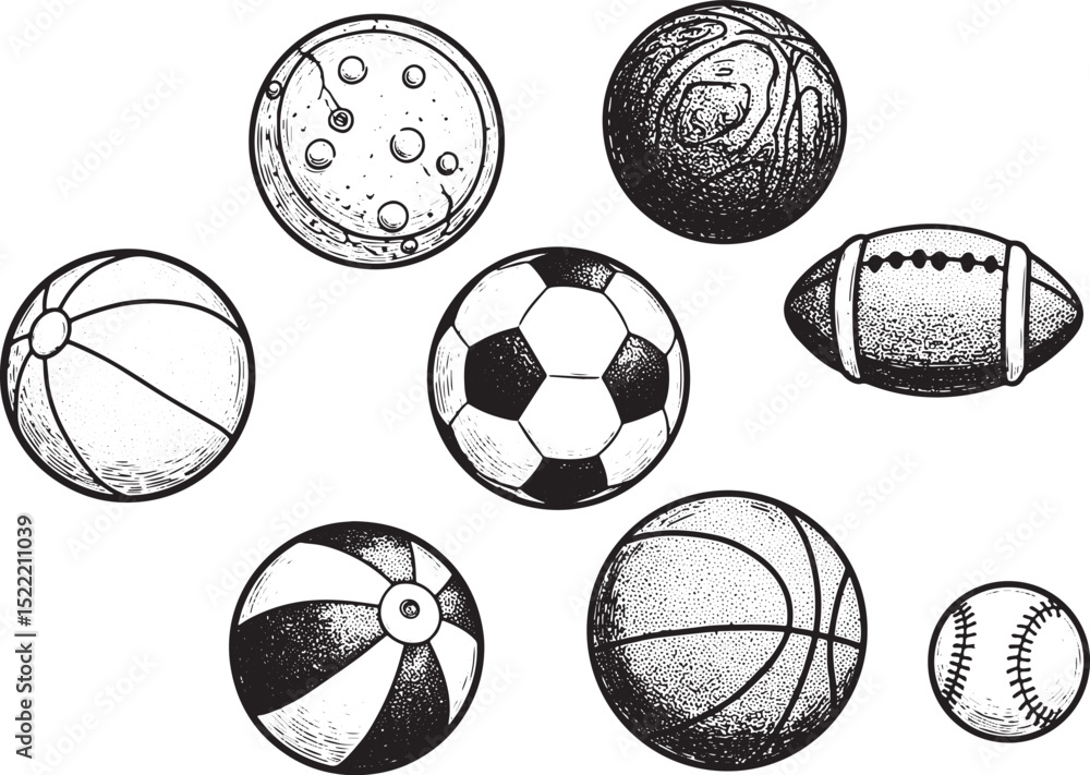 Fototapeta premium Engraved Assortment of Balls, Featuring Sports and Play Equipmen