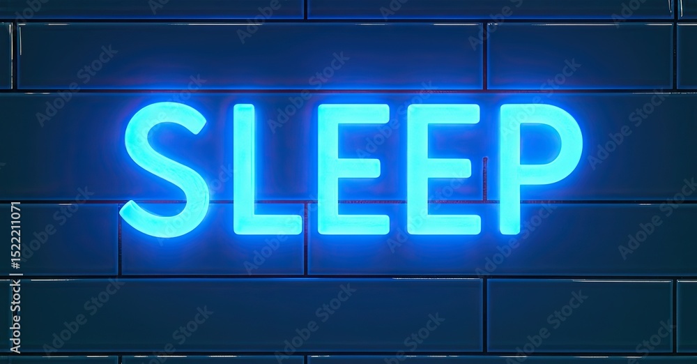 Obraz premium Bright neon sign spells SLEEP against dark blue tiled wall. Simple design, modern aesthetic, inviting restfulness.