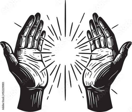 Woodcut Illustration of Healing Hands Radiating Energy in Black
