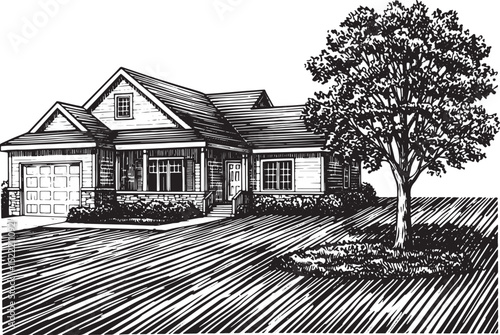 Detailed Woodcut Style Illustration of a Suburban House with Law
