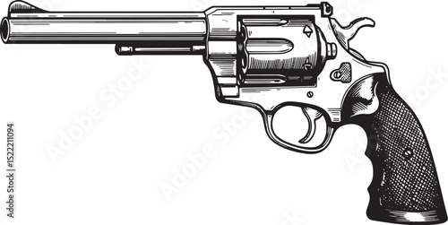 Detailed woodcut illustration of a classic revolver in black and