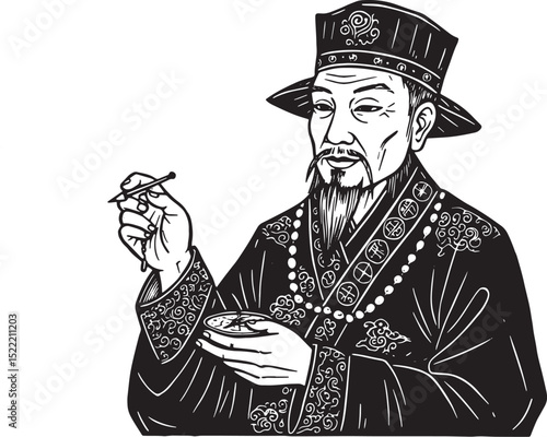Detailed woodcut drawing of a feng shui master in traditional ro