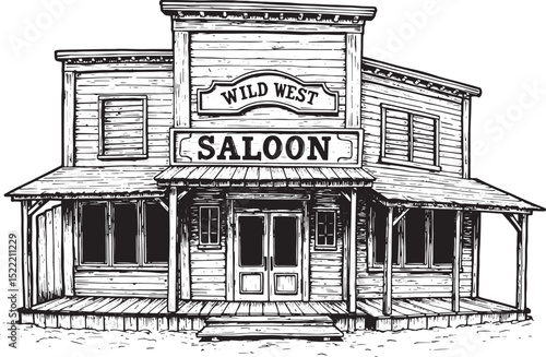 Vintage Wild West Saloon Woodcut Illustration in Black and White