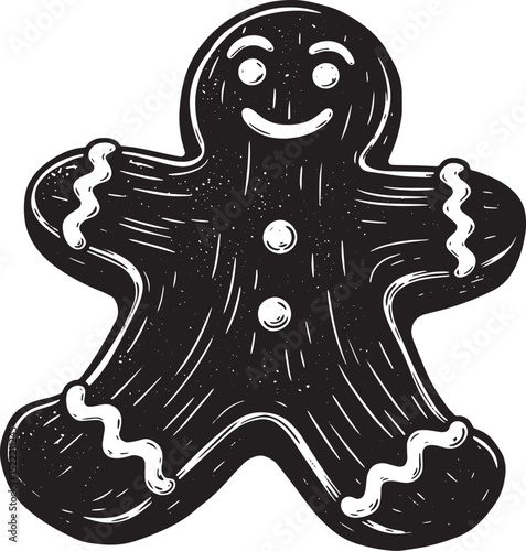 Whimsical woodcut gingerbread man cookie illustration in black a