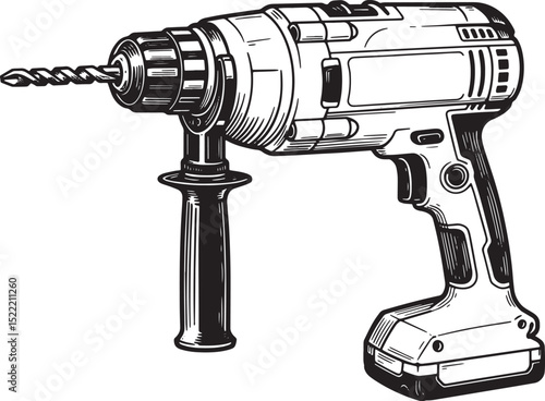 Detailed Woodcut Illustration of a Cordless Power Drill with Bat