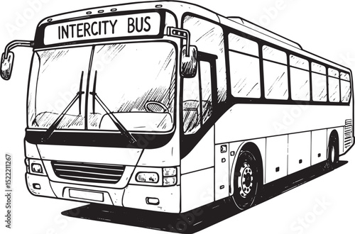 Detailed Woodcut Illustration of an Intercity Bus in Black and W