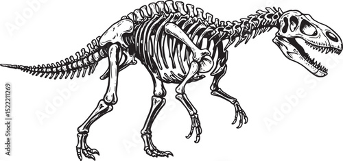 Detailed Woodcut Illustration of a Dinosaur Skeleton in Black an