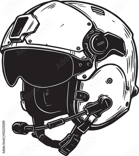 Monochrome Woodcut Illustration of a Detailed Helicopter Pilot H
