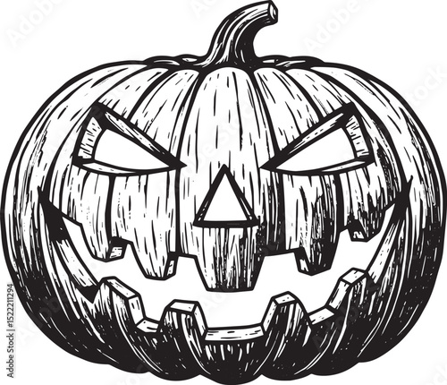 Spooky jack-o'-lantern face with classic woodcut drawing illustr