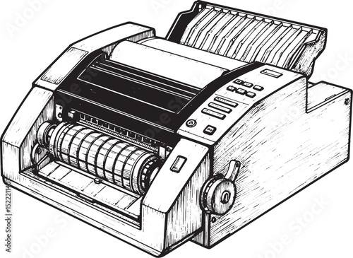 Detailed woodcut illustration of a classic dot matrix printer de