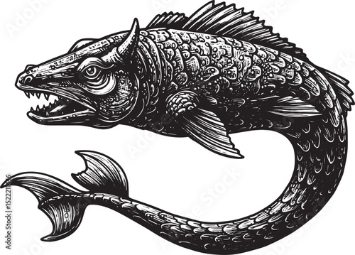 Detailed Woodcut Style Illustration of a Triton Creature in Blac