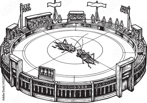 Detailed Woodcut Illustration of Cricket Fighting Tournament Are