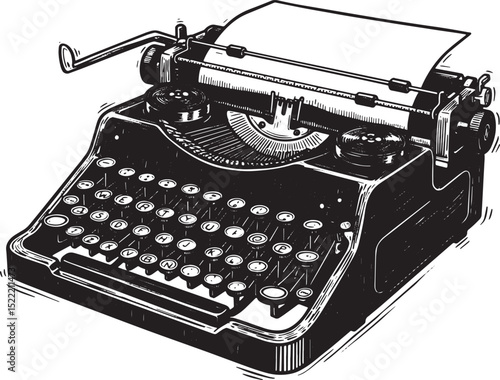 Intricate Woodcut Illustration of a Vintage Typewriter on White