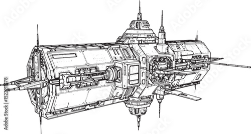 Detailed Woodcut Illustration of a Futuristic Space Outpost Stat
