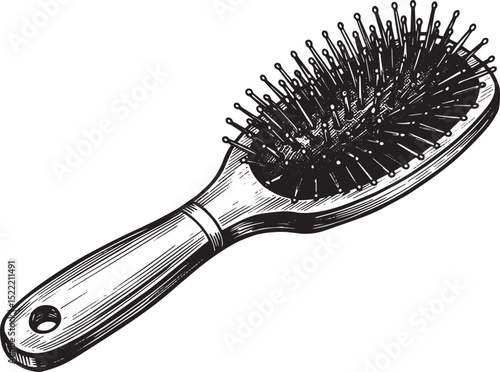 Elegant woodcut illustration of a classic hairbrush with wooden