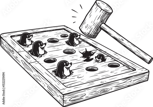 Humorous woodcut illustration of a whack-a-mole game with cartoo