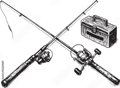 Monochrome Woodcut Illustration of a Vintage Toy Fishing Set wit