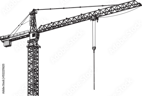 Monochrome Woodcut Style Illustration of a Tower Crane Construct
