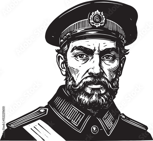 Detailed Woodcut Illustration of a Nationalist Figure in Uniform