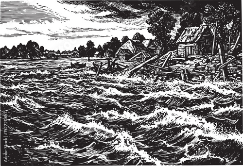 Black and White Woodcut Illustration of a Coastal Flood Devastat