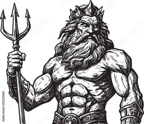 Powerful Poseidon woodcut illustration, Greek god of the sea art
