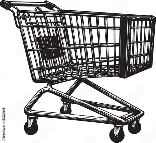 Monochrome Woodcut Illustration of a Shopping Cart Depicting Ret