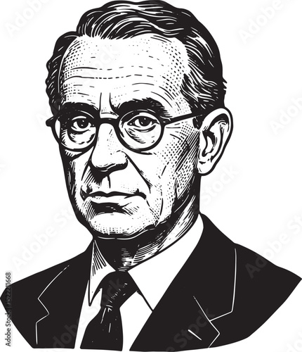 Intricate Black and White Woodcut Portrait of a Distinguished Ps