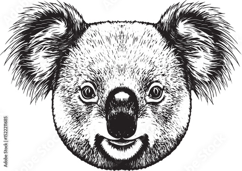 Detailed Black and White Woodcut Drawing of an Adorable Koala Fa